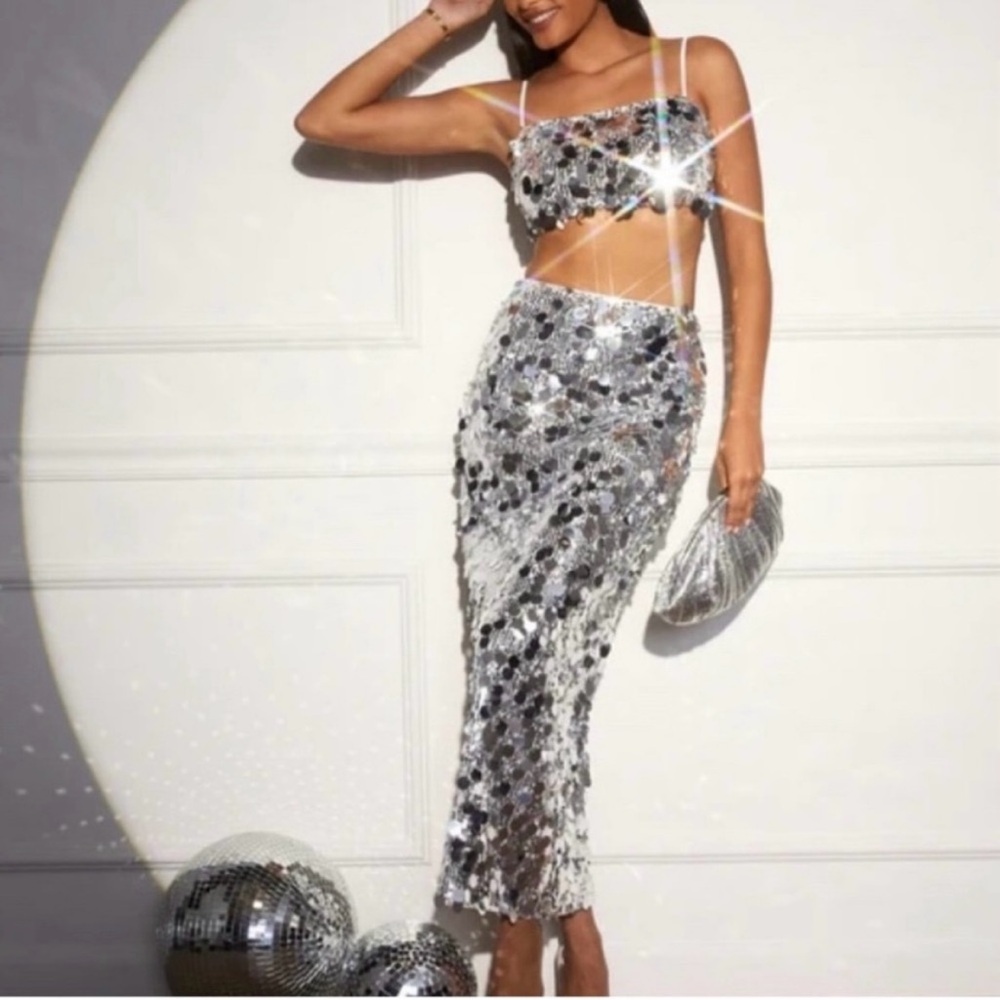 Silver Sequin Skirt Set